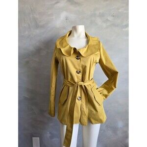 Sandro Studio  Ruffle Collar Mustard Yellow Belted Trench Coat Sz S